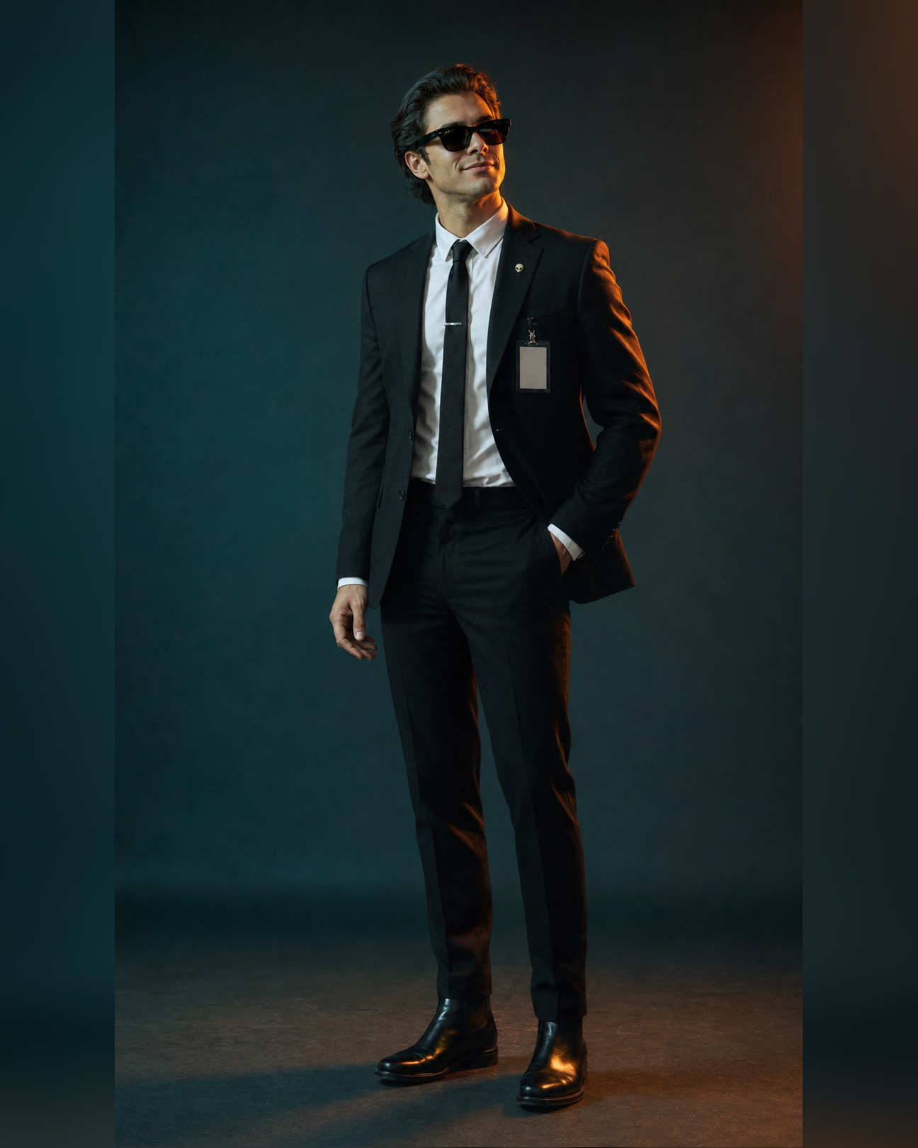 Men-in-Black-Look mit schwarzem Anzug und Sonnenbrille