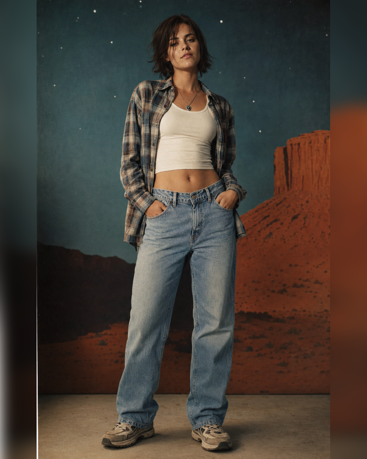 Lässiger 1999-Look mit Jeans, Tanktop und offenem Hemd